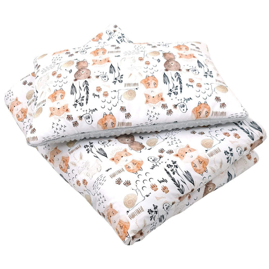 Evcushy toddler quilt and pillow set with bears, foxes, and rabbits on cotton and soft plush fleece.