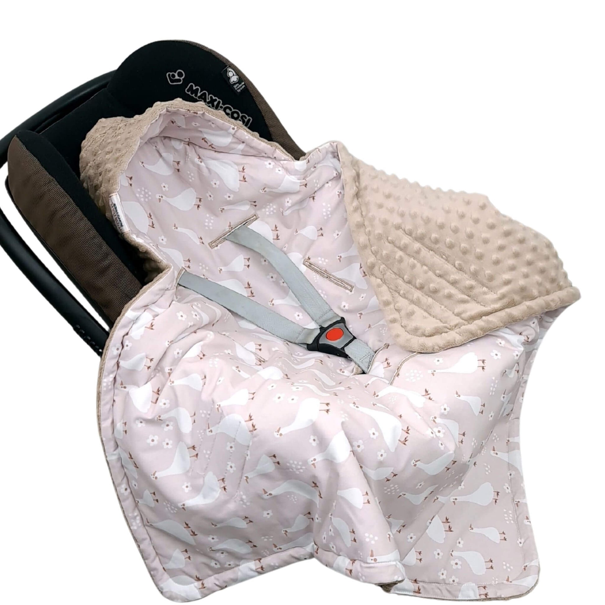 Evcushy Geese Family Car Seat Blanket with mama goose and goslings on pink cotton with mocha plush
