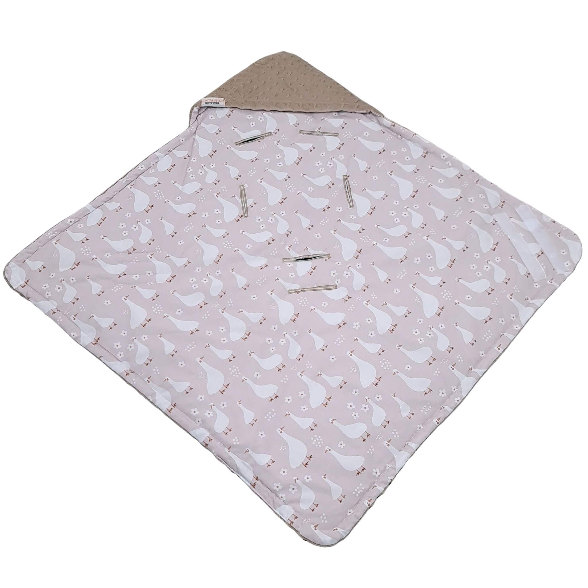 Open view of Evcushy Geese Family Blanket for newborn car seat with cotton geese visible side
