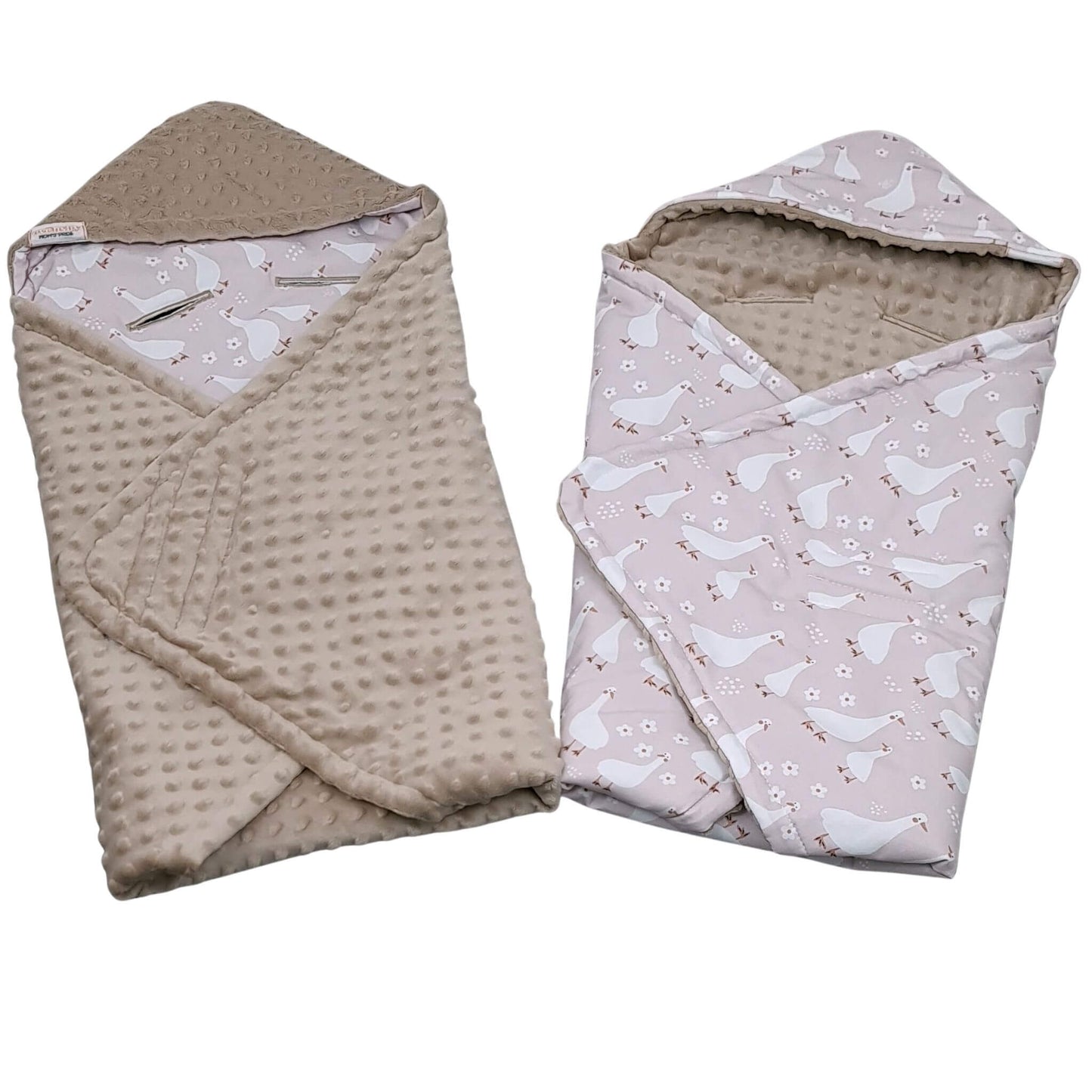 Two baby swaddles with bird goose patterns on a white background double-sided blanket with hood for car seat newborn size