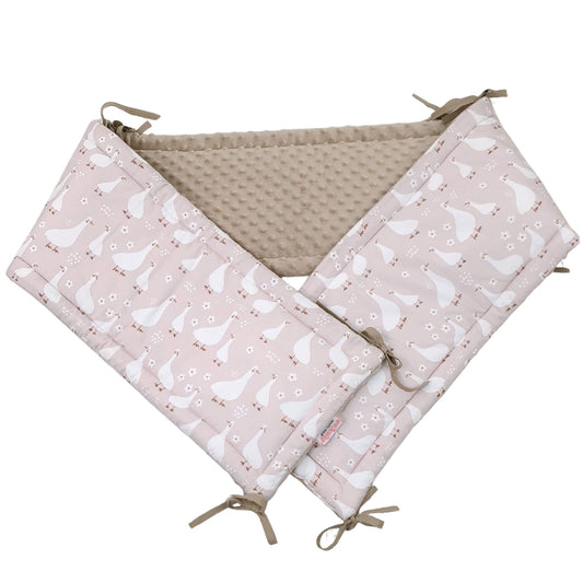 Evcushy Geese & White Flowers Cot Bumper with floral and geese print on delicate pink