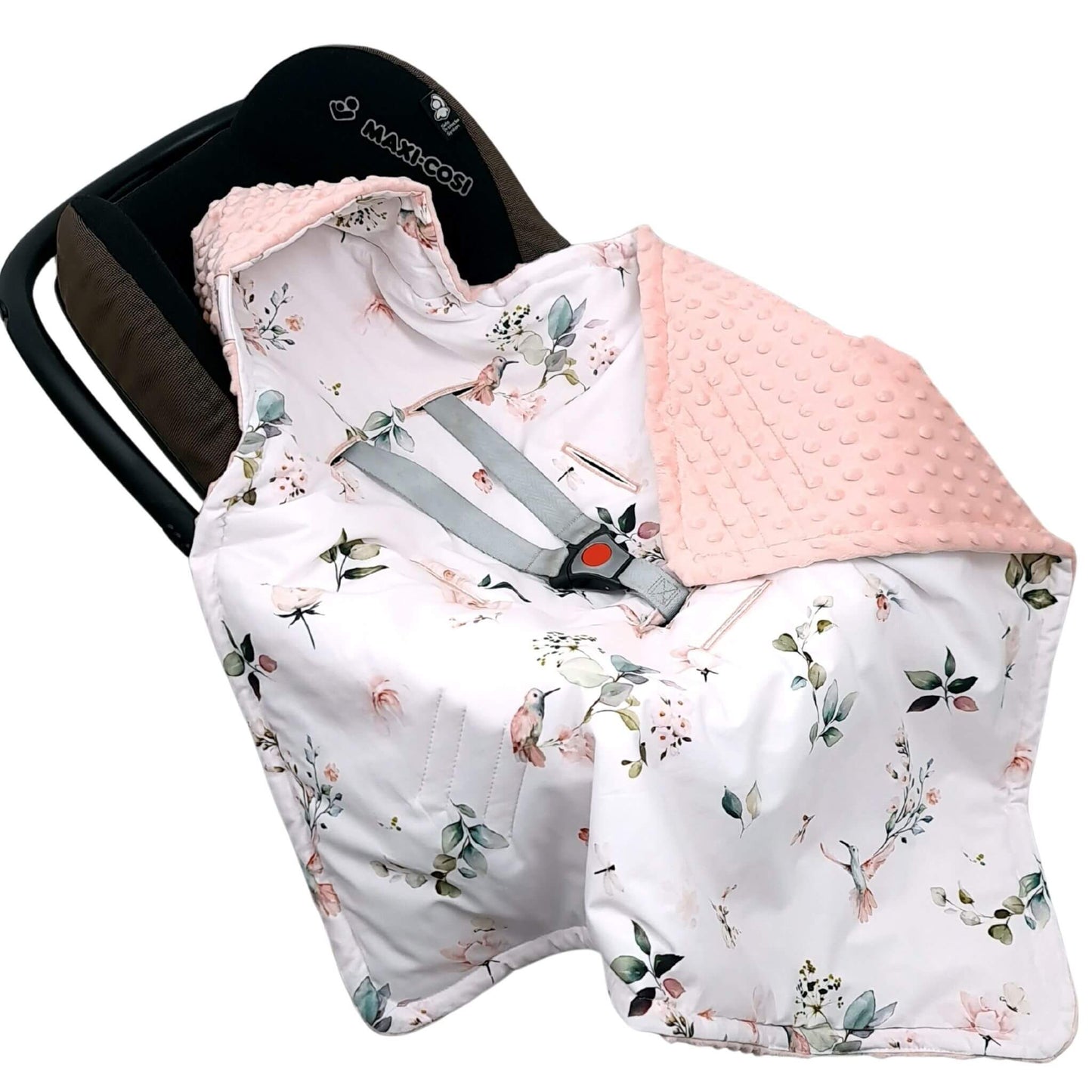 Evcushy Hummingbird Garden Car Seat Blanket secured with 3-point harness for newborn safety