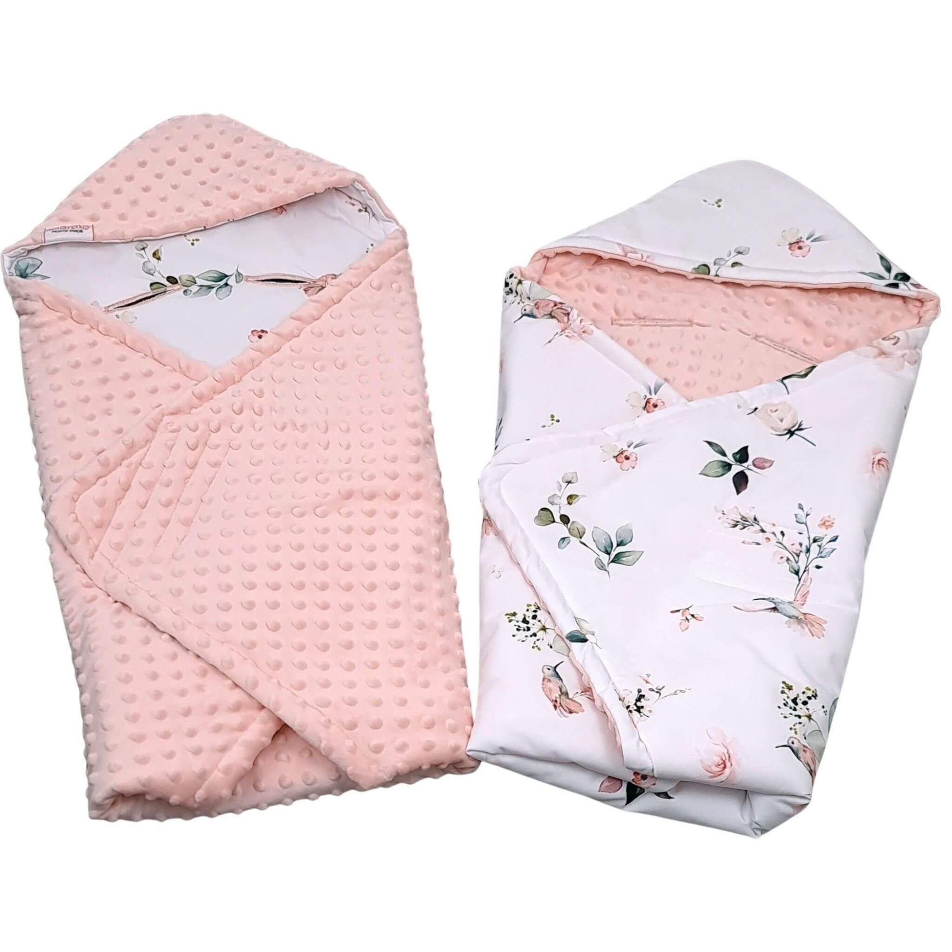 Reversible Evcushy Hummingbird Garden Blanket showing floral cotton and peach minky plush