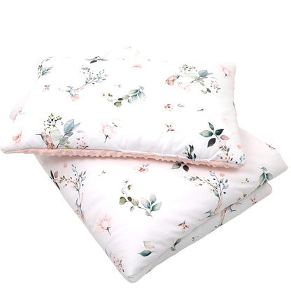 Evcushy toddler quilt and pillow set with hummingbirds and roses on cotton and peach-pink plush fleece. 1-5 years