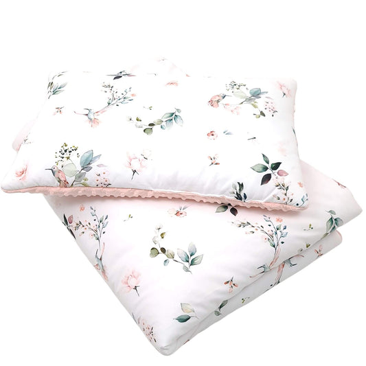 Evcushy toddler quilt and pillow set with hummingbirds and roses on cotton and peach-pink plush fleece. 1-5 years