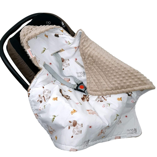 Open Evcushy Little Farm Friends Blanket with cotton and minky layers visible handmade with premium cotton