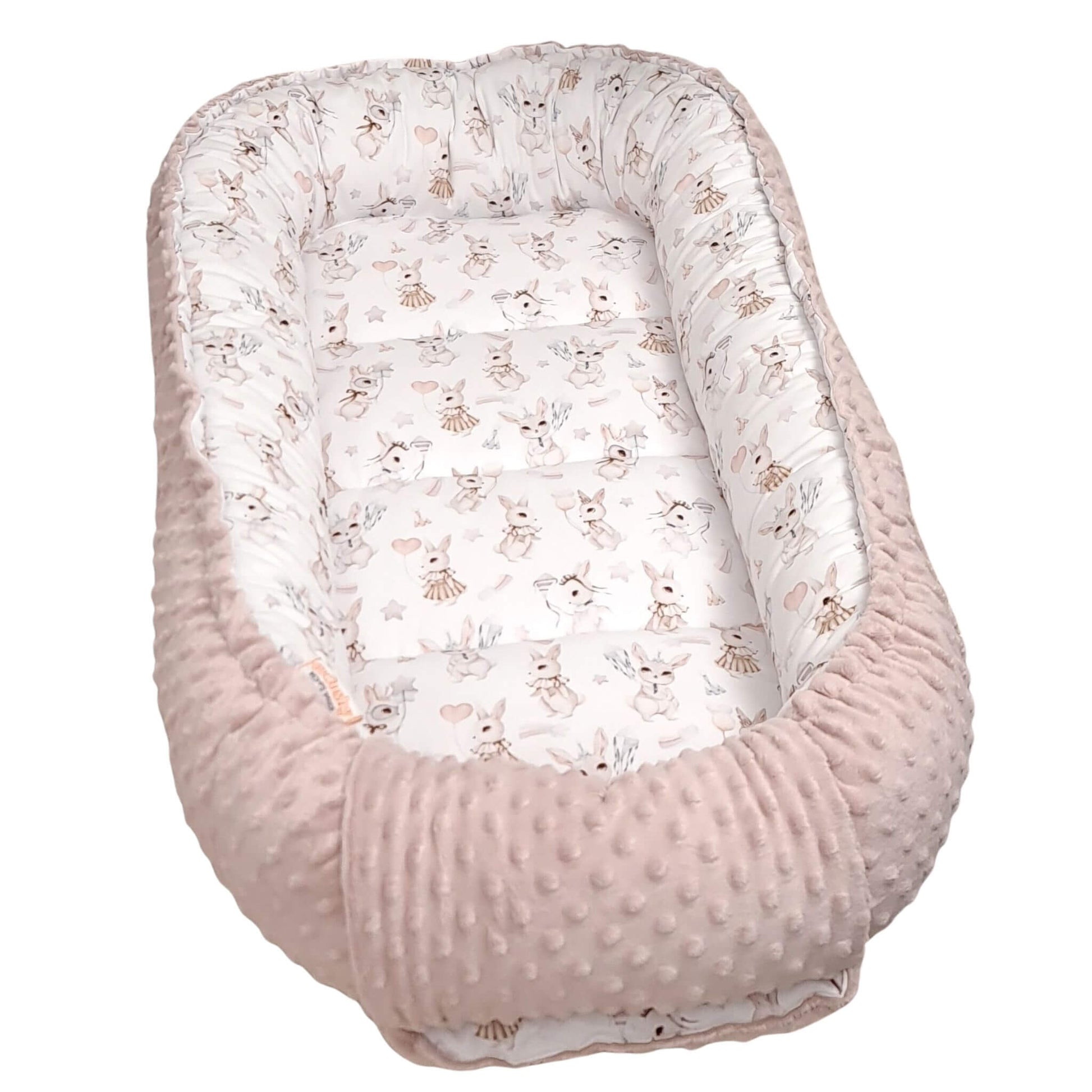 Baby nest with bunny pattern and pink plush exterior for baby 0-36 months feels luxurious