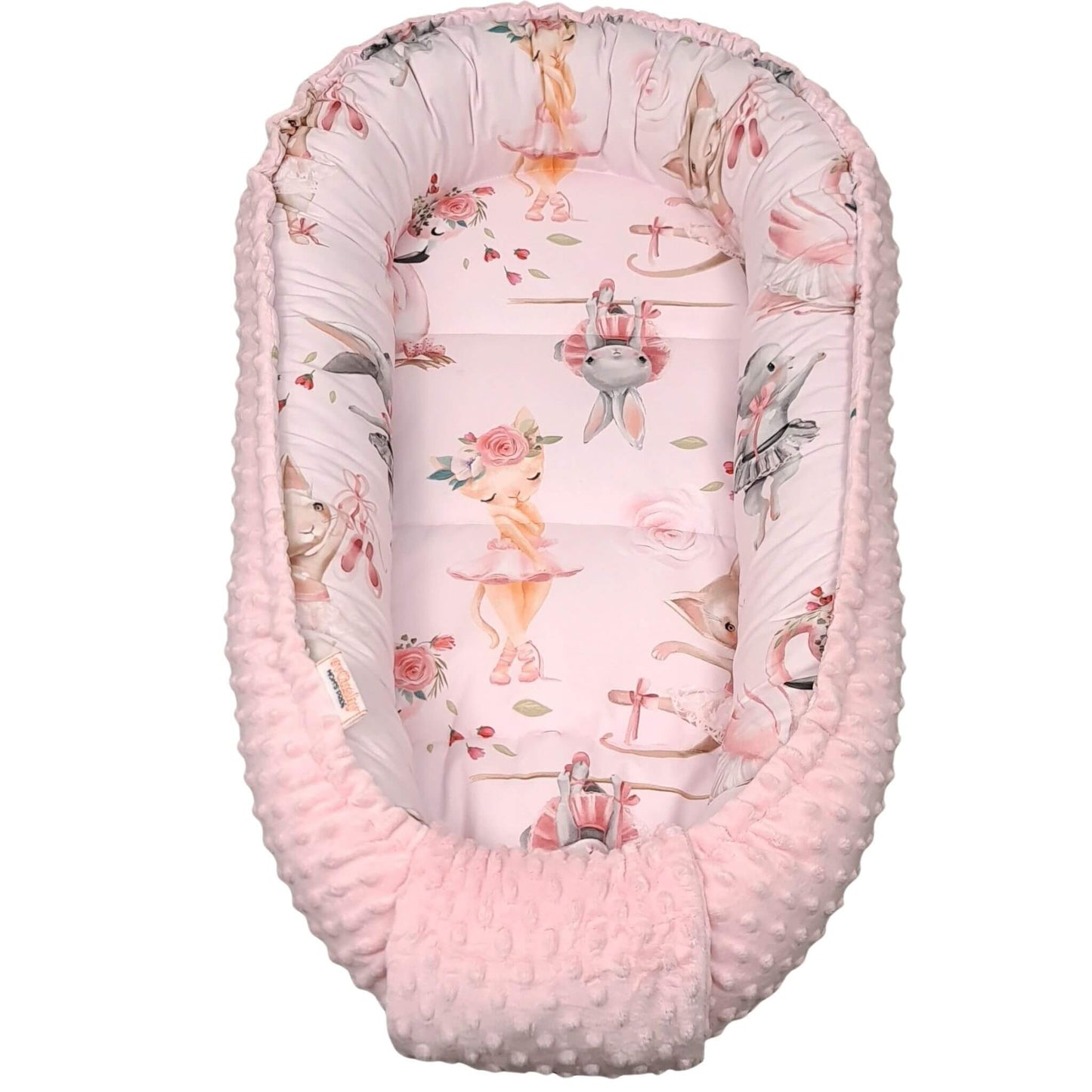 Pink Evcushy baby nest pod with ballerinas pattern