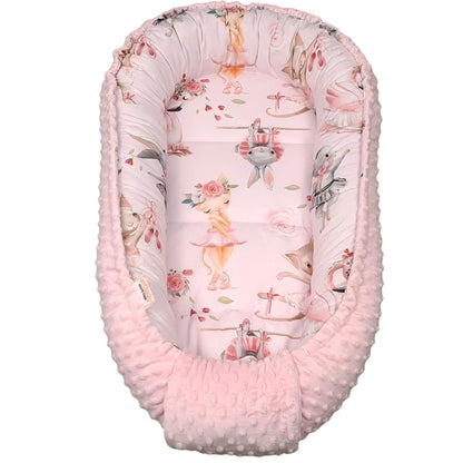 Pink Evcushy baby nest pod with ballerinas pattern