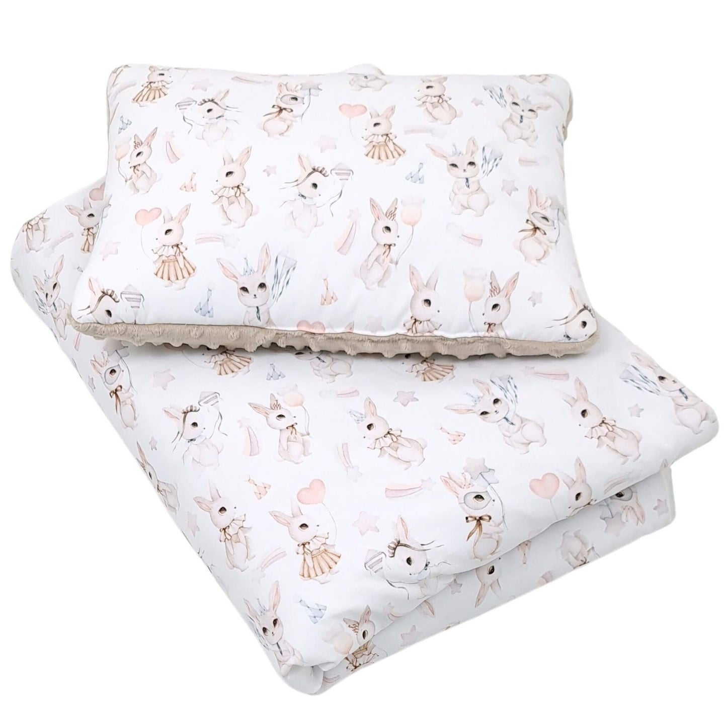 Vintage bunny baby girl bedding with rabbits, stars, and balloons on cotton fabric. 1-2 years