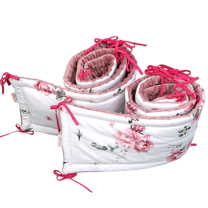 Secure ties and handmade finish on Evcushy Blooming Roses cot bumper set for cot bed
