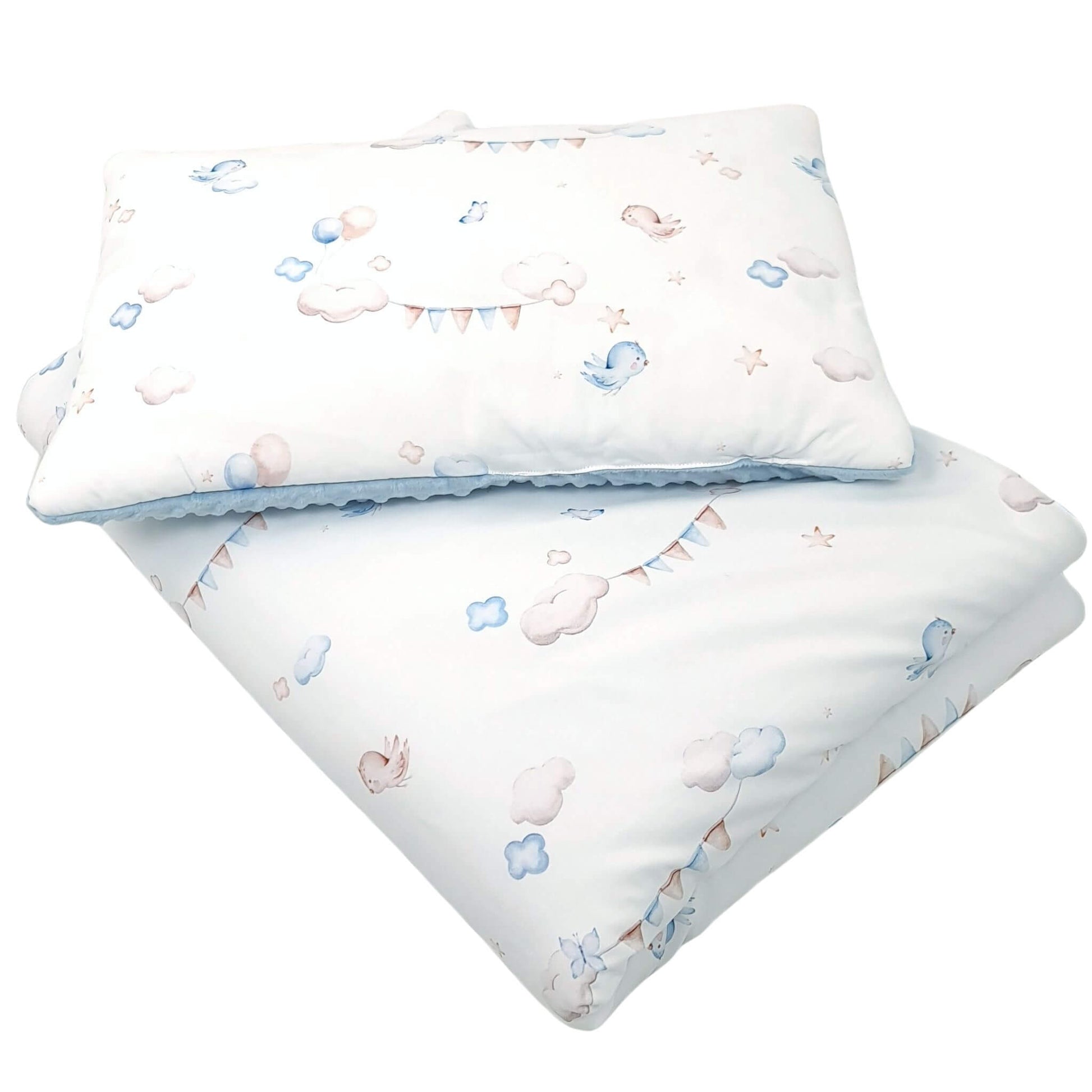 Evcushy toddler quilt and pillow set with clouds, balloons, and stars on cotton and blue plush fleece.