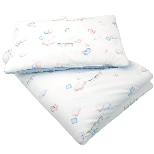 Evcushy toddler quilt and pillow set with clouds, balloons, and stars on cotton and blue plush fleece.