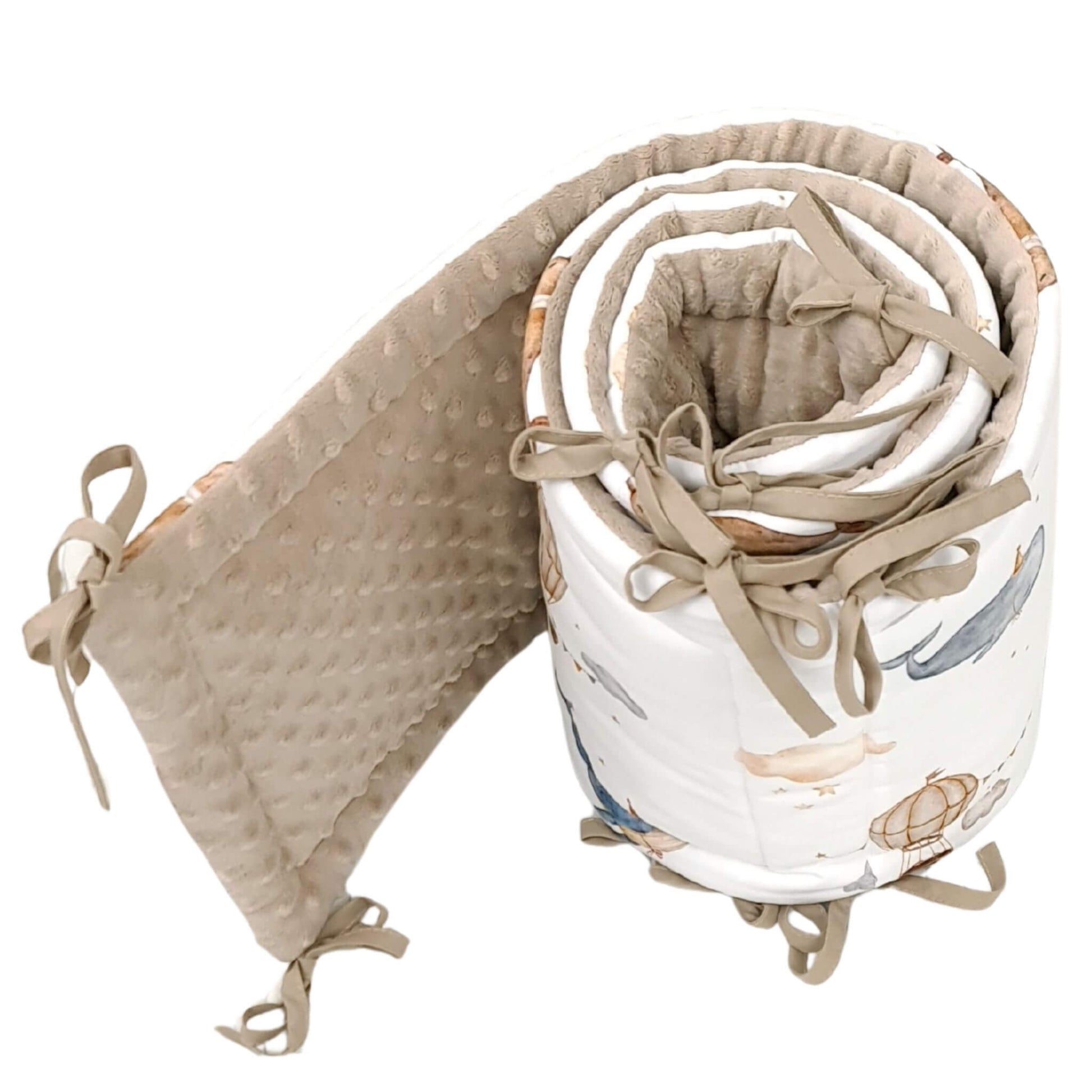 Soft taupe dimple minky reverse of Whales & Hot Air Balloons cot bumper