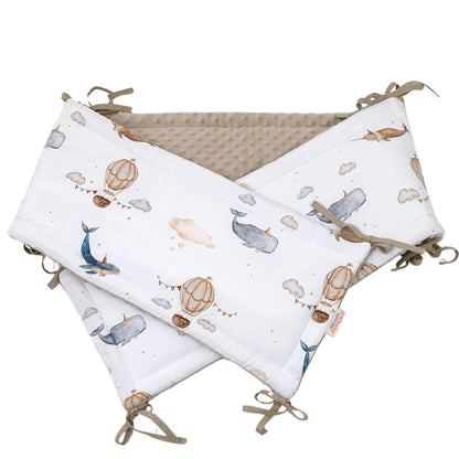 Evcushy Whales & Hot Air Balloons Cot Bumper with white cotton sky print