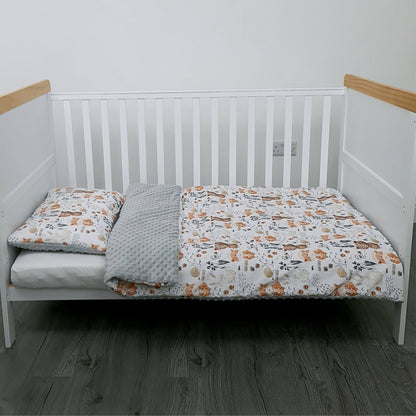 Woodland Forest toddler bedding styled in nursery bed or cot