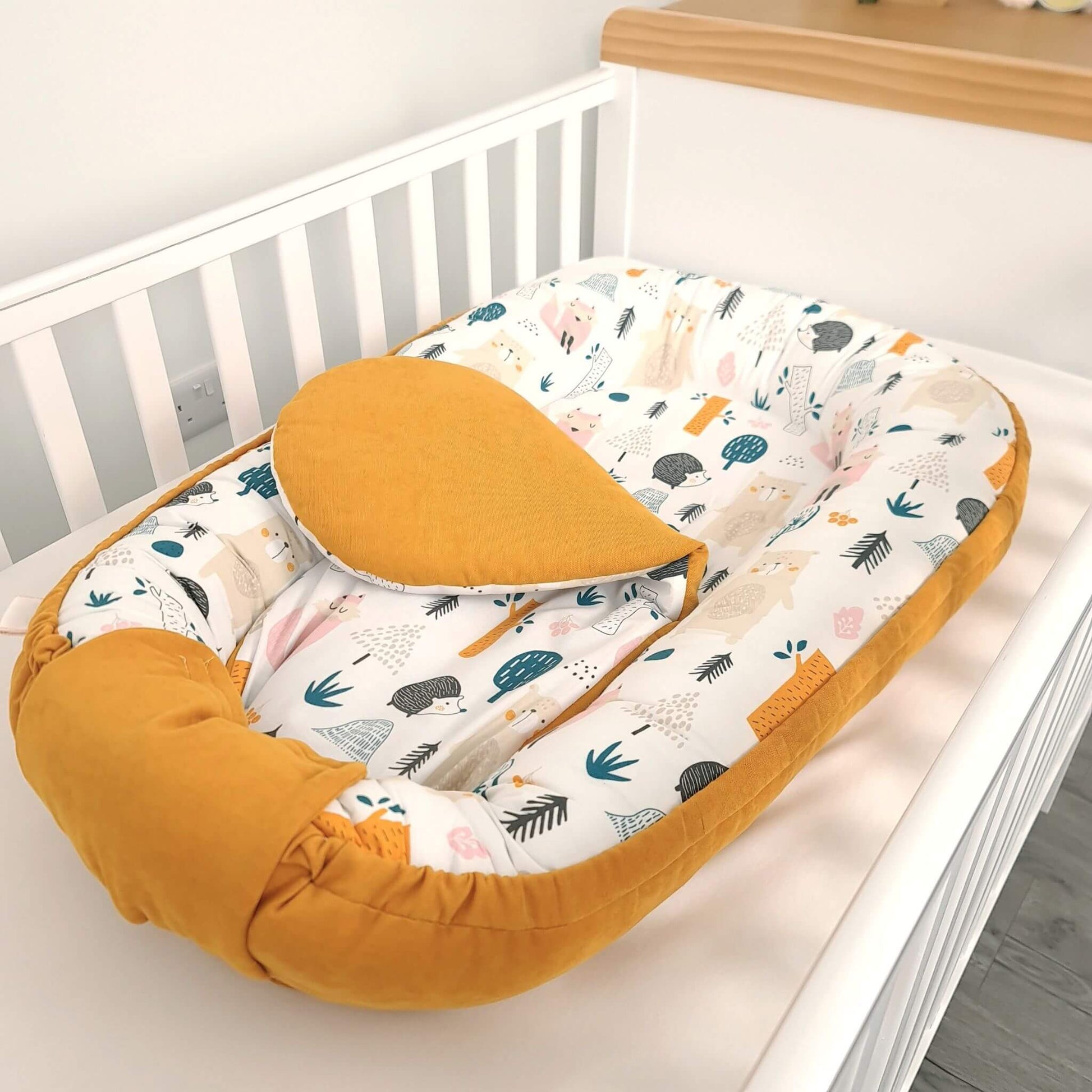 evcushy baby nest with liner in white baby cot bed mustard colour and forest pattern