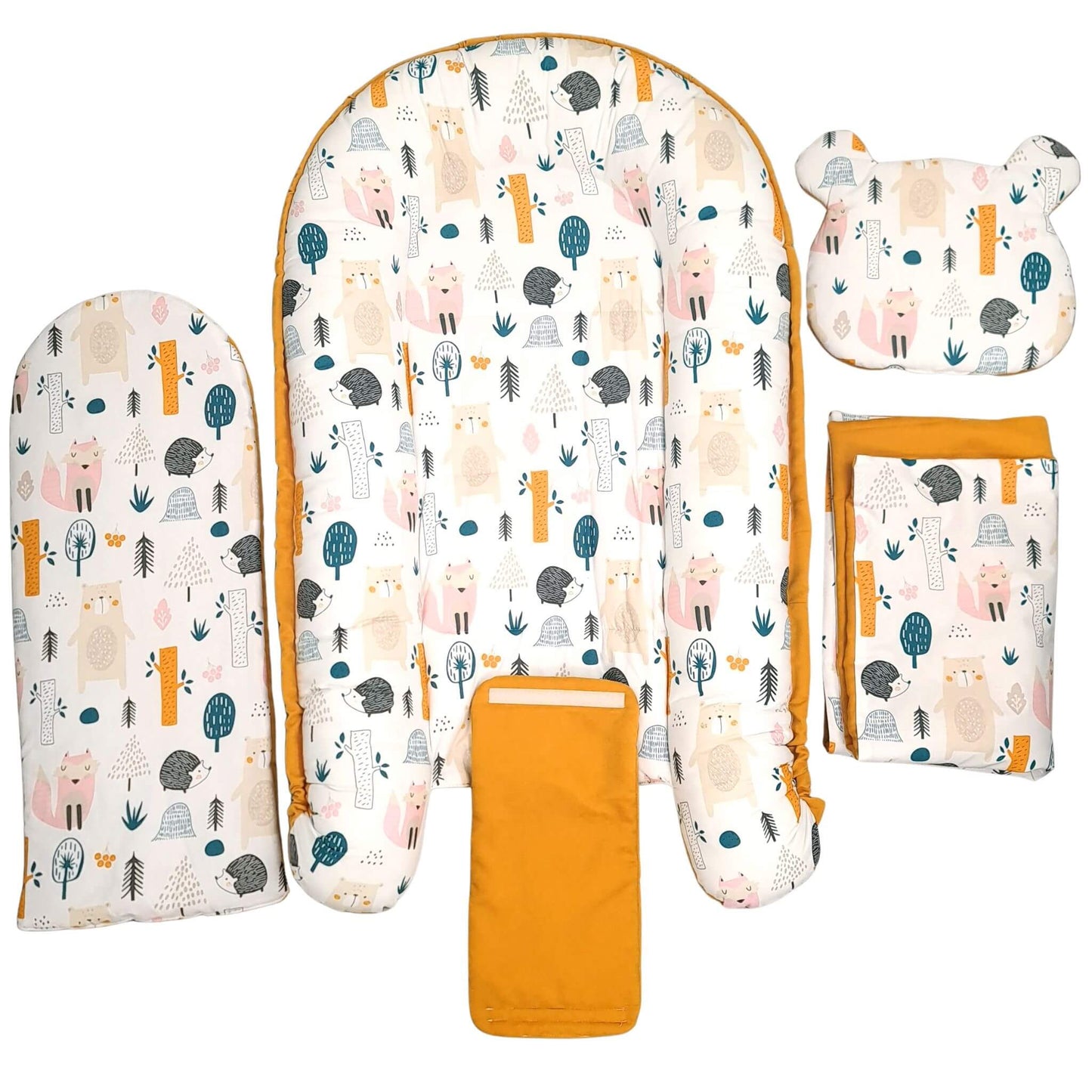 evcushy baby nest with liner pillow blanket for newborn to 9 months mustard colour and forest pattern