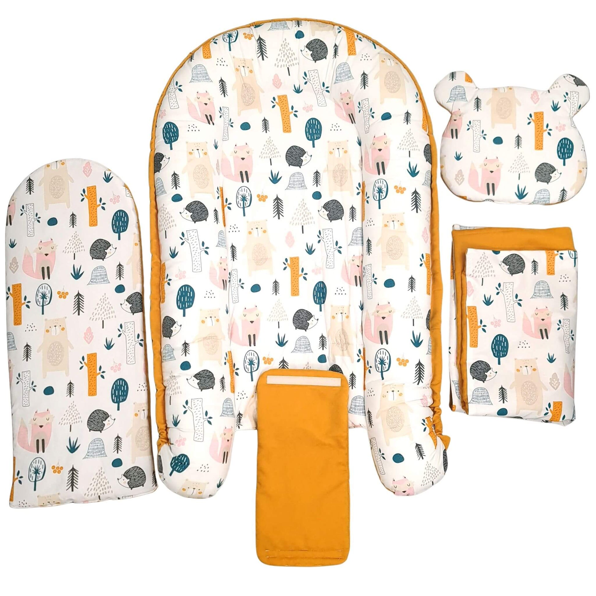 evcushy baby nest with liner pillow blanket for newborn to 9 months mustard colour and forest pattern