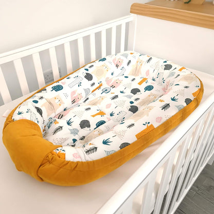 evcushy baby nest with linerin mustard colour and forest pattern for 0-9 months