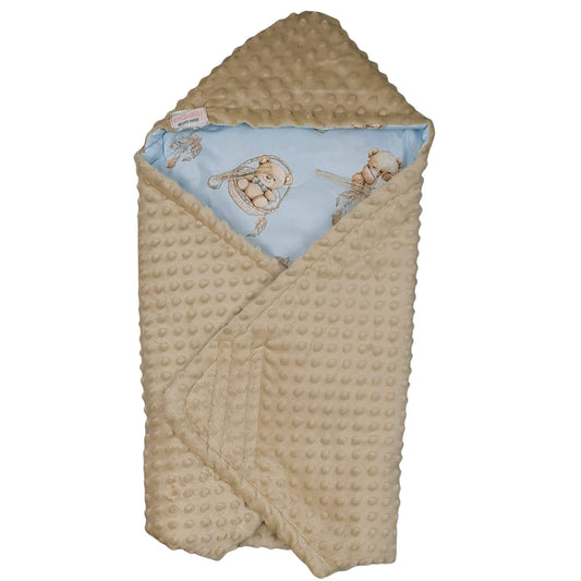 Beige baby swaddle with teddy bear pattern on a white background