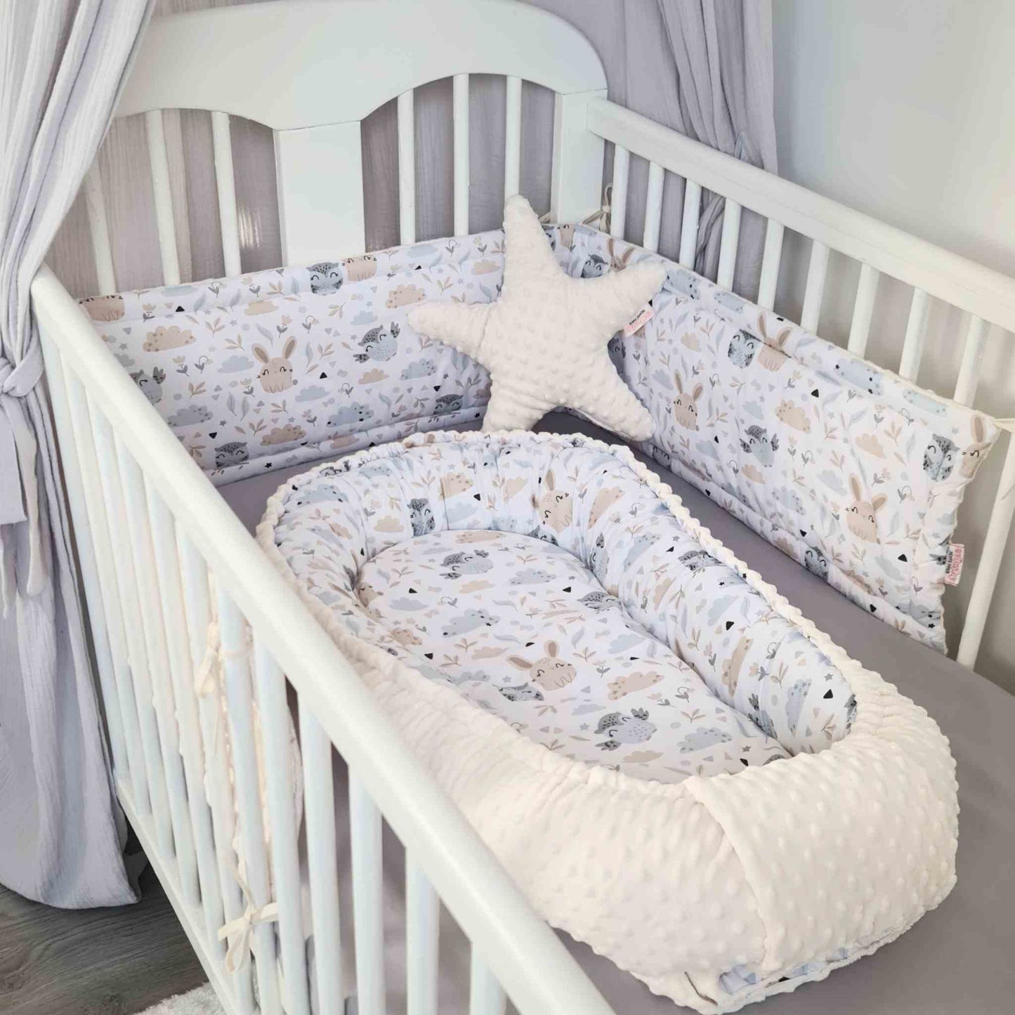 evcushy infants nest sleeping pod cream fleece colour and owls and bunnies design cot bumper and star pillow