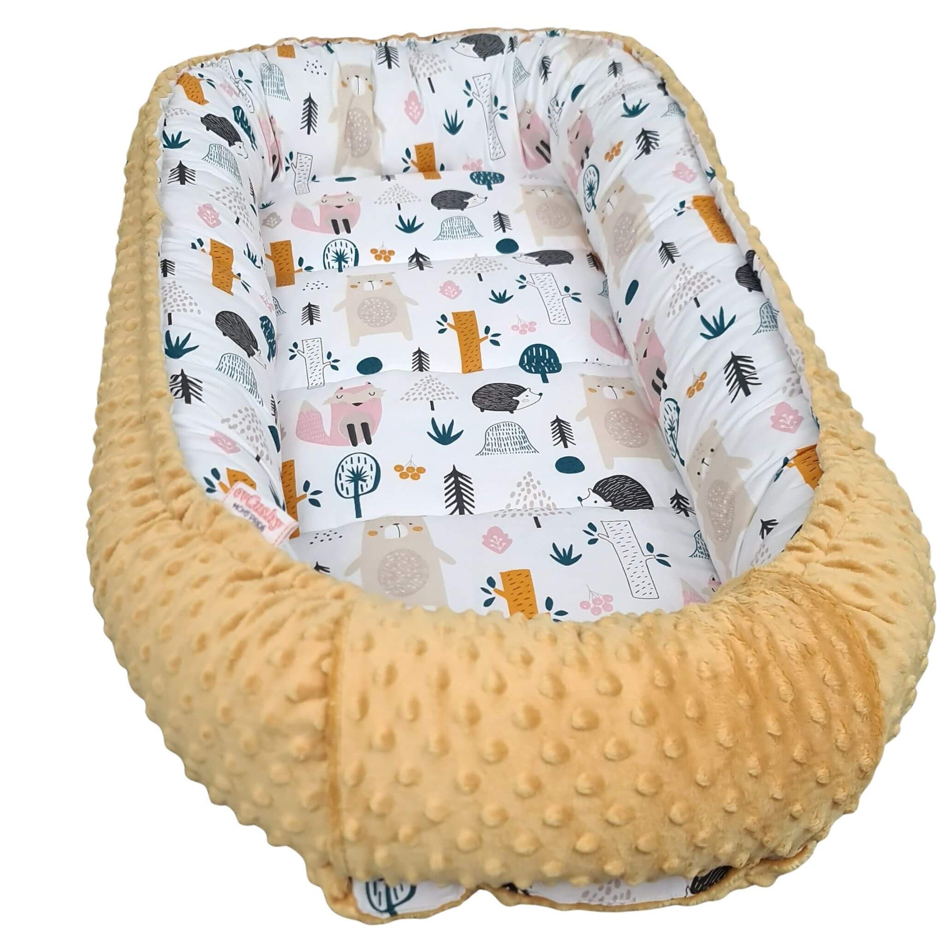 evcushy large sleep nest with forest animals pattern and mustard colour base for large baby
