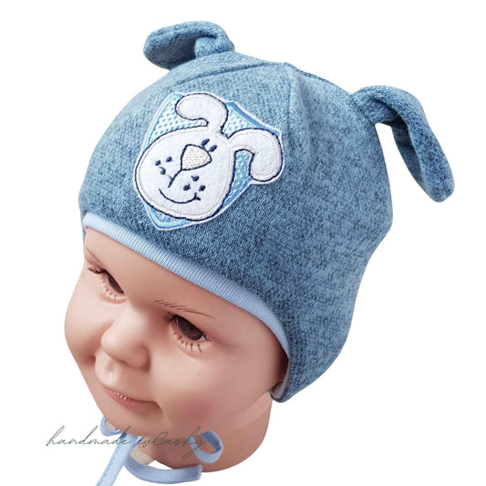 warm winter hat for baby blue hat with doggy ears and poppy face on the front