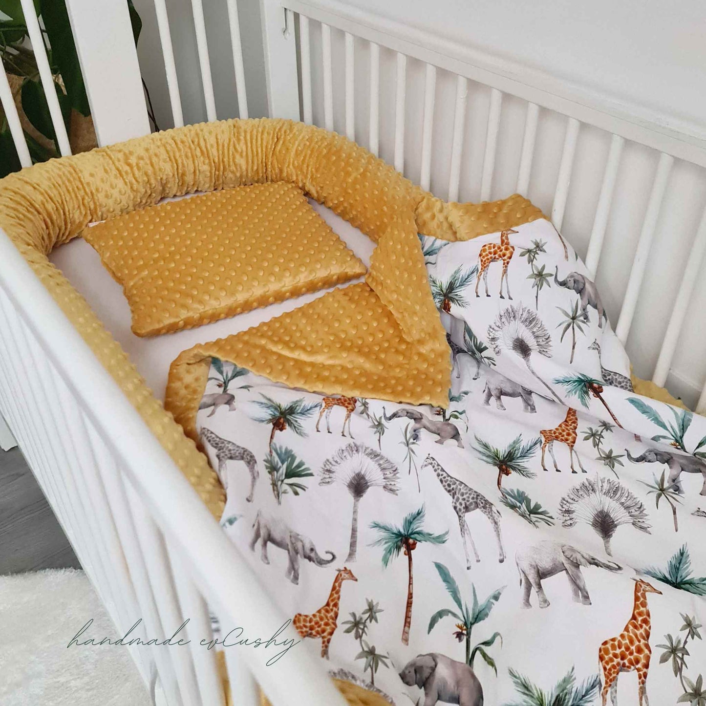 evcushy baby cot blanket bumper and pillow yellow safari animals pattern