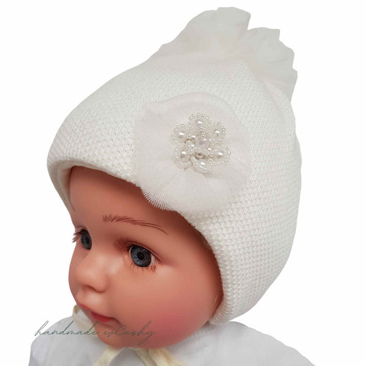winter warm hat for baby girl up to 6 months cream hat with pom pom