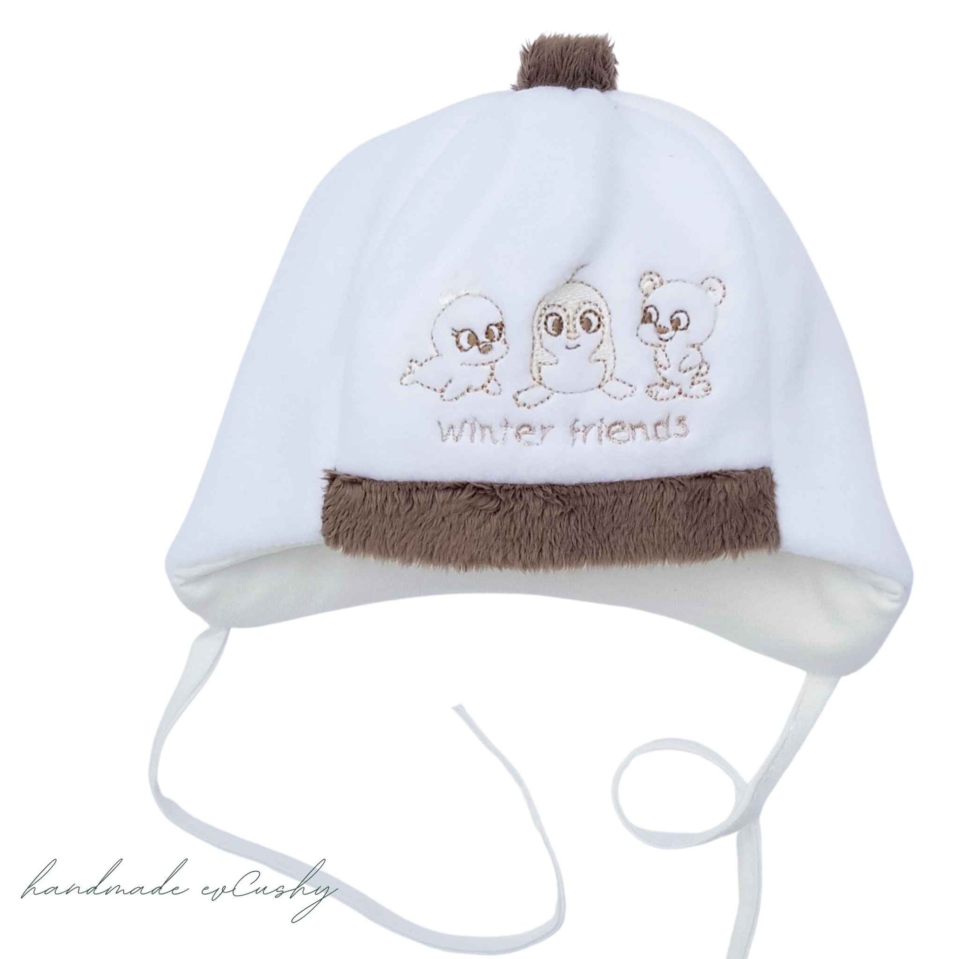 evcushy baby hat for winter warm and cosy with cotton lining and warm padding white hat