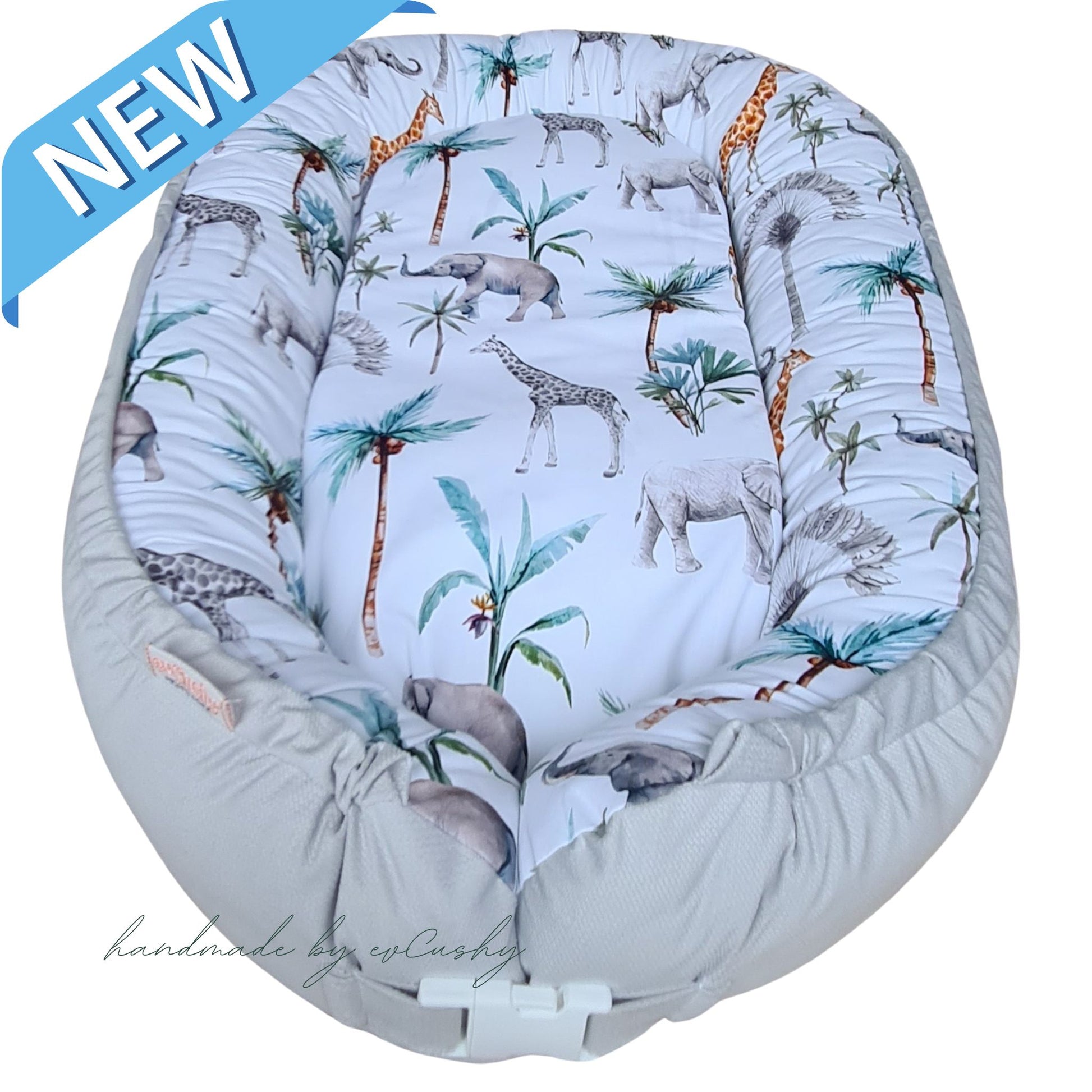 evcushy baby nest cuddle up sleeping pod safari grey with elephants gireffes