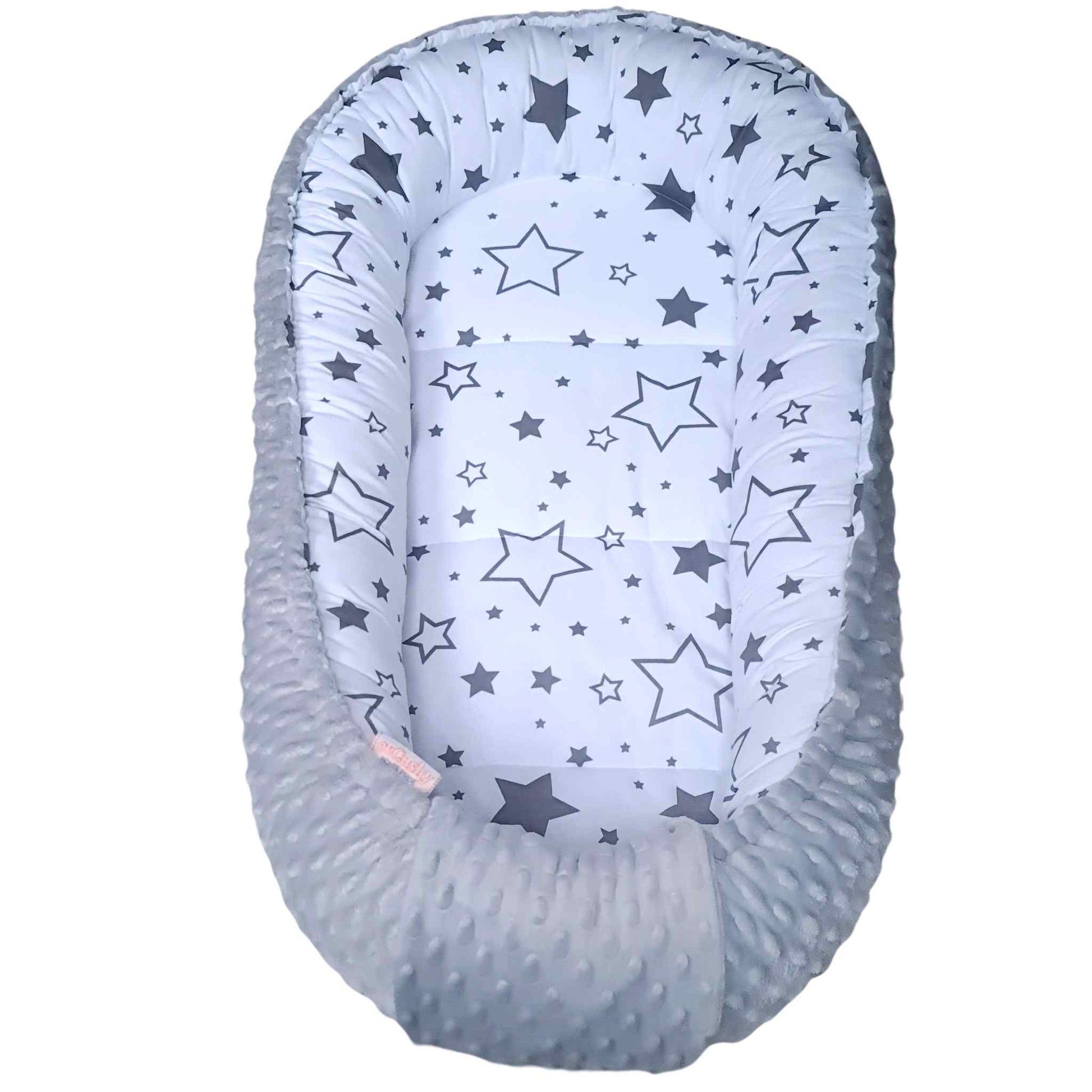 baby nest sleep pod cosy lounger grey bottom white with grey stars pattern galaxy evcushy
