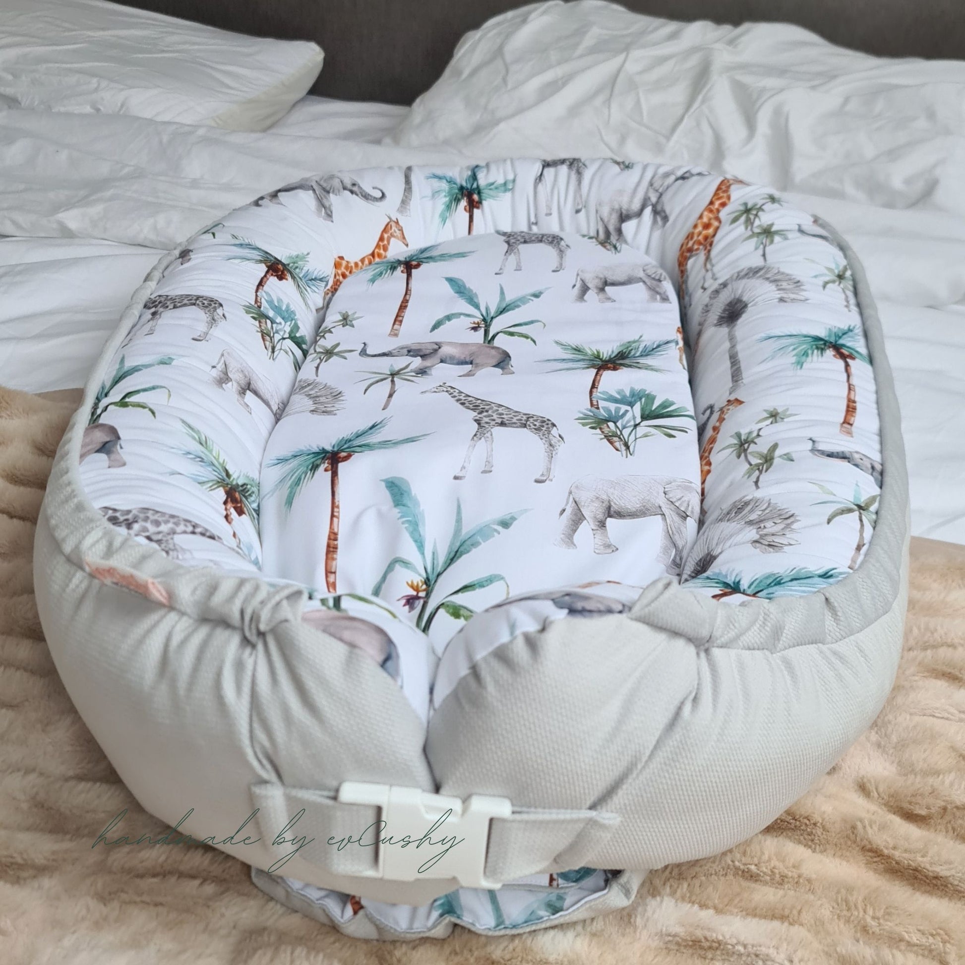 baby nest newborn bundle sleep pod liner grey with safari pattern evcushy