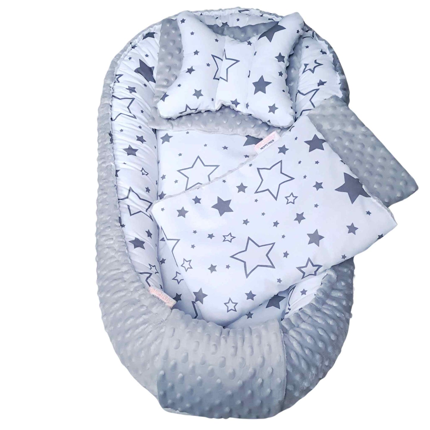 baby nest sleep pod cosy lounger grey bottom white with grey stars pattern galaxy pillow and blanket included evcushy