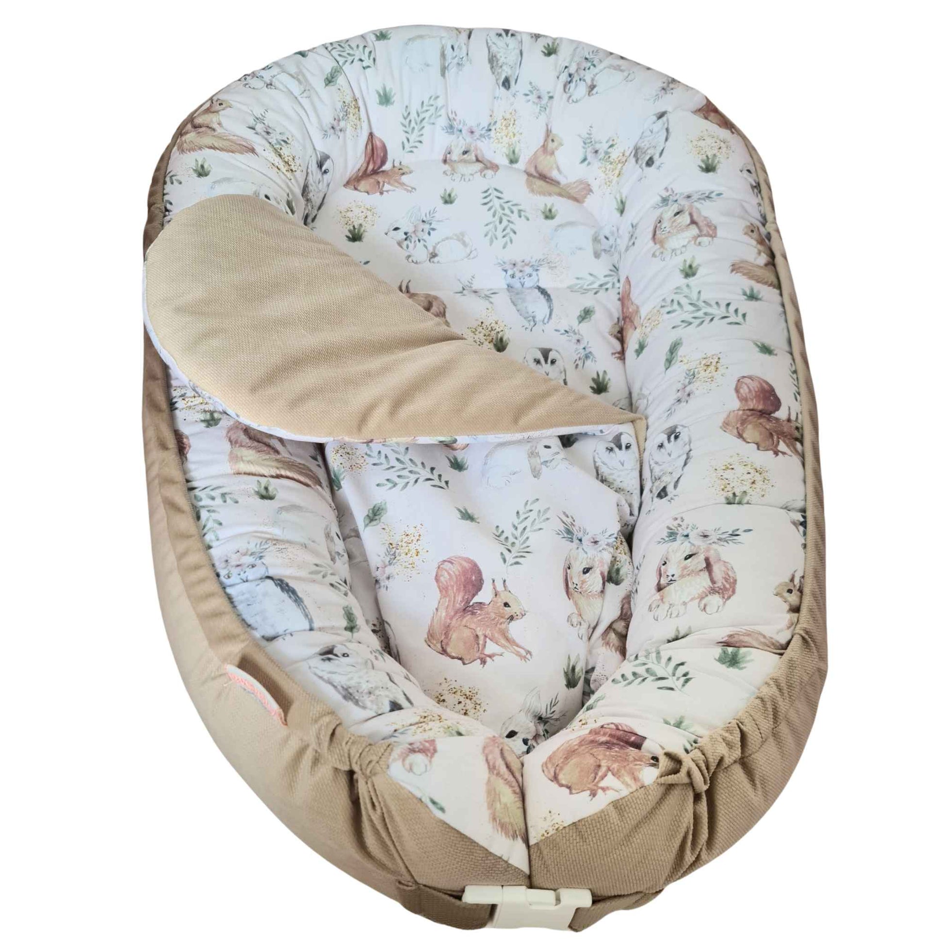 baby nest with liner for newborn cotton and velvet beige with woodland pattern