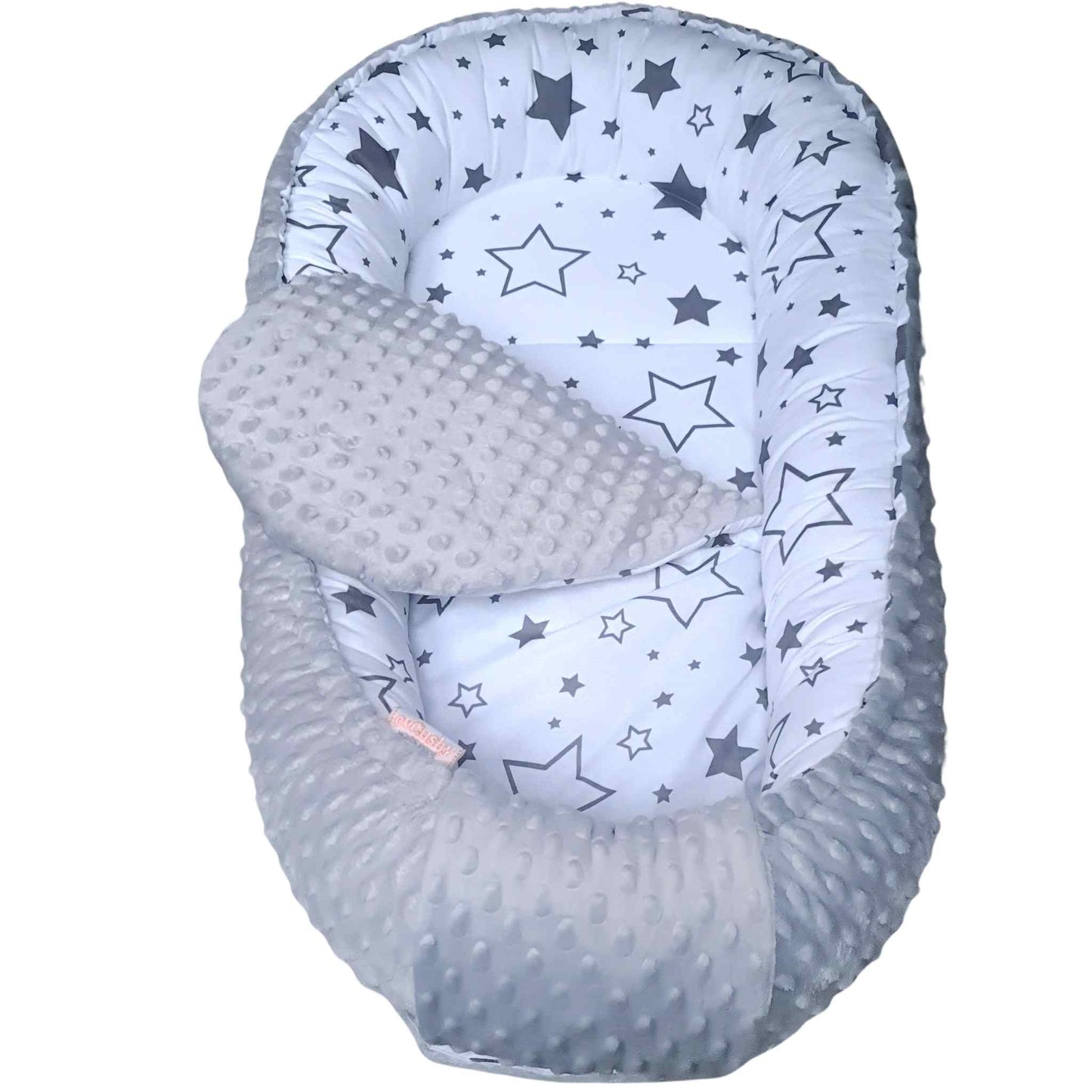 baby nest sleep pod with liner cosy lounger grey bottom white with grey stars pattern galaxy evcushy