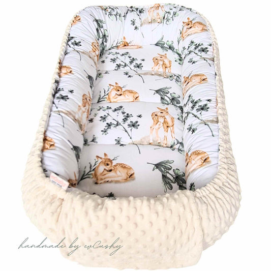 evcushy sleep pod nest in Ireland cream colour with baby deer pattern xxl size