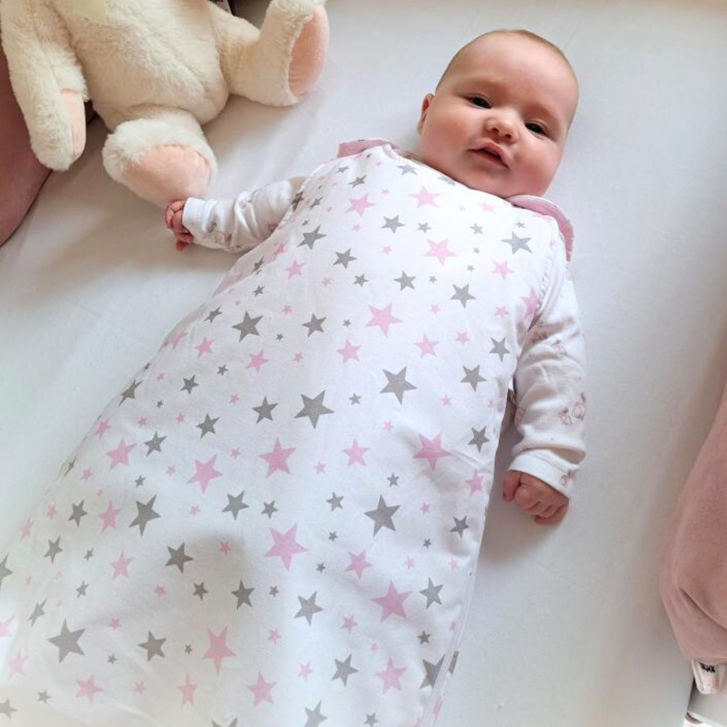 baby sleeping bag all year round 2.5 tog pink and grey stars