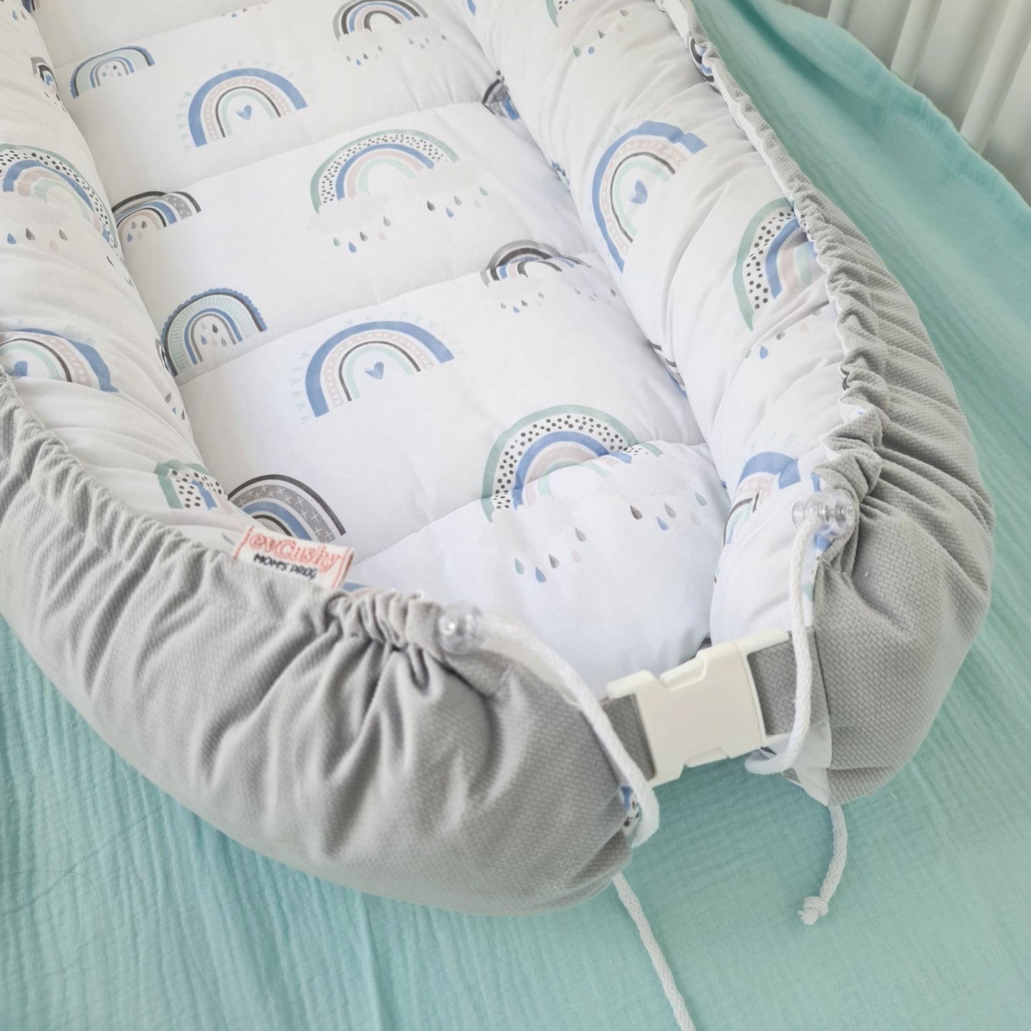 Baby Sleep Pod Nest XXL  Grey  Rainbows  New Design