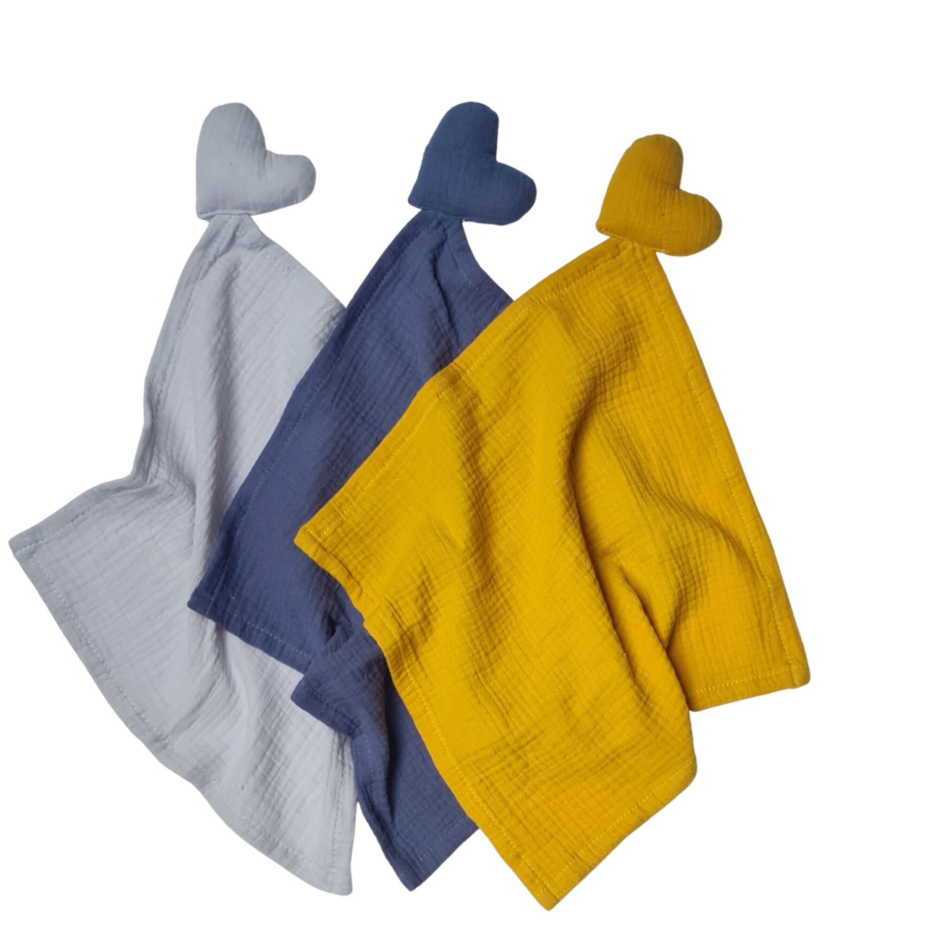 security blankets for children heart blanket 100% cotton blue grey and mustard colours