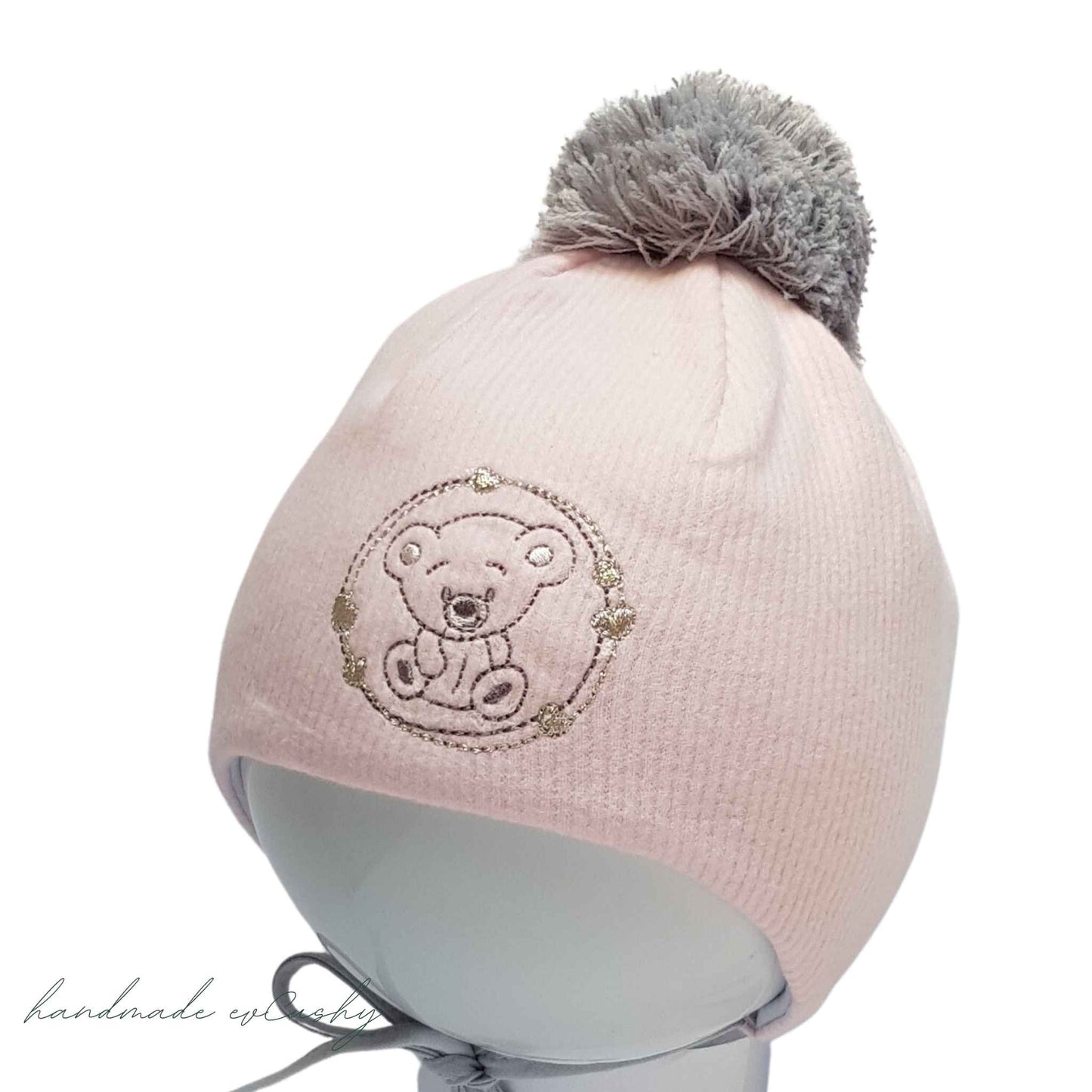 pink and grey baby hats for winter with pom-pom