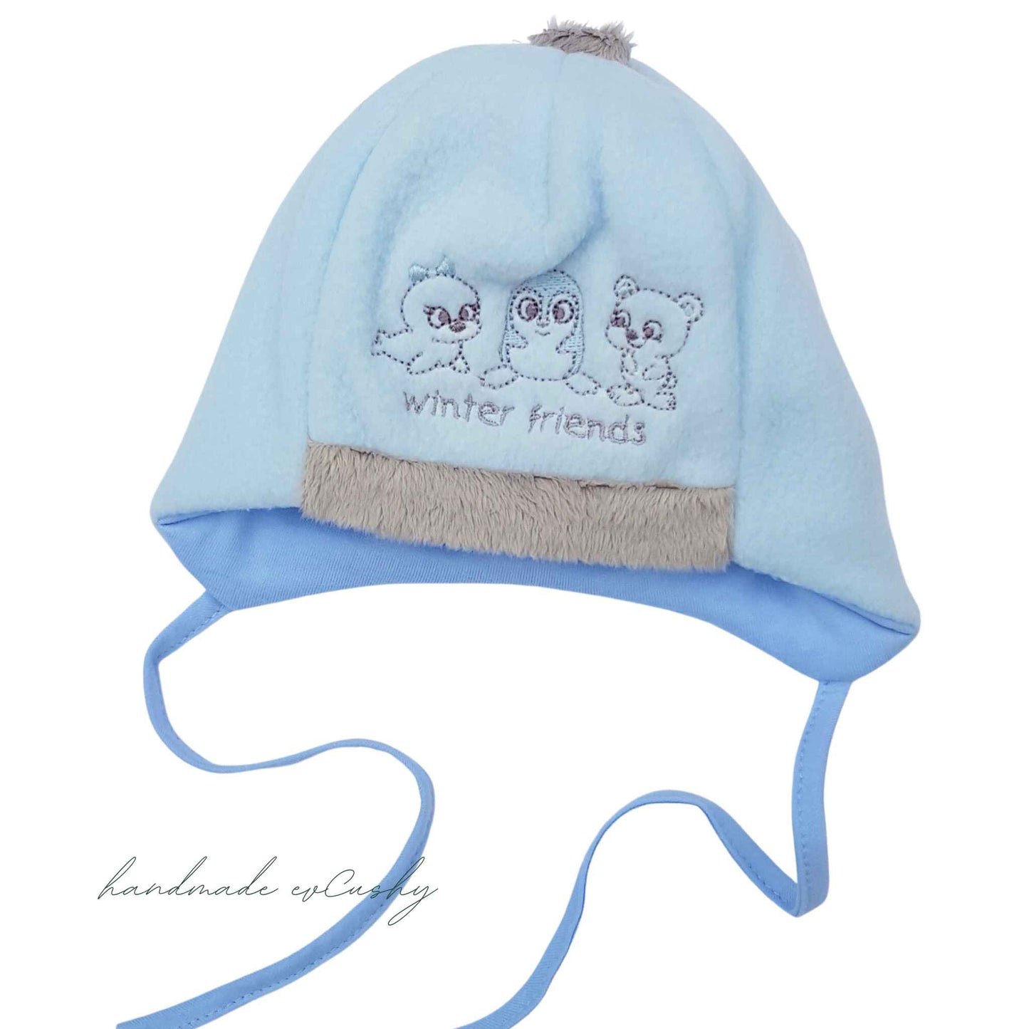 evcushy baby hat for winter with polar animals embroidery made with blue polar