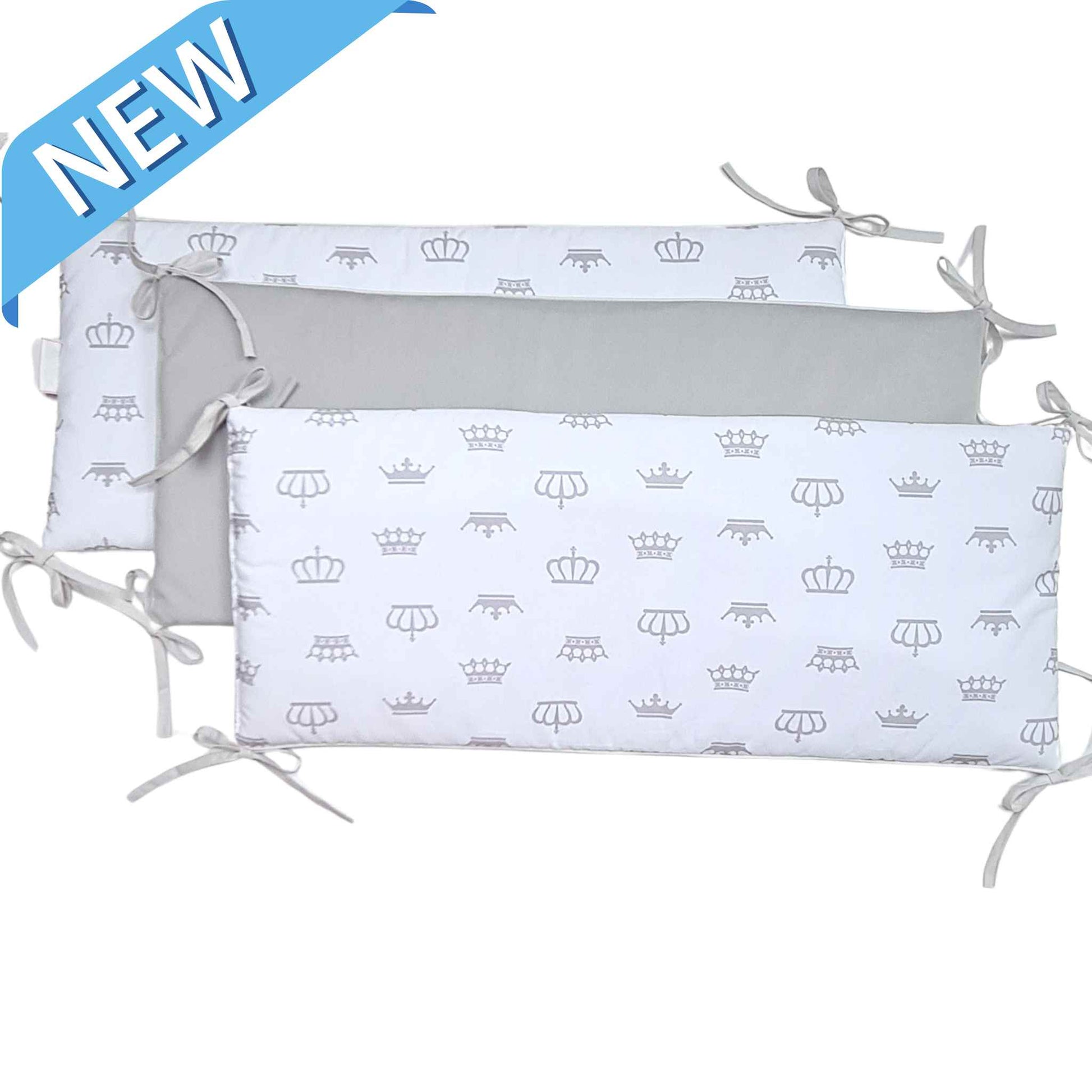 cot bumper set panels for 140x70cm cot bed white with grey crowns cotton pattern and grey velvet on reverse evcushy in Ireland