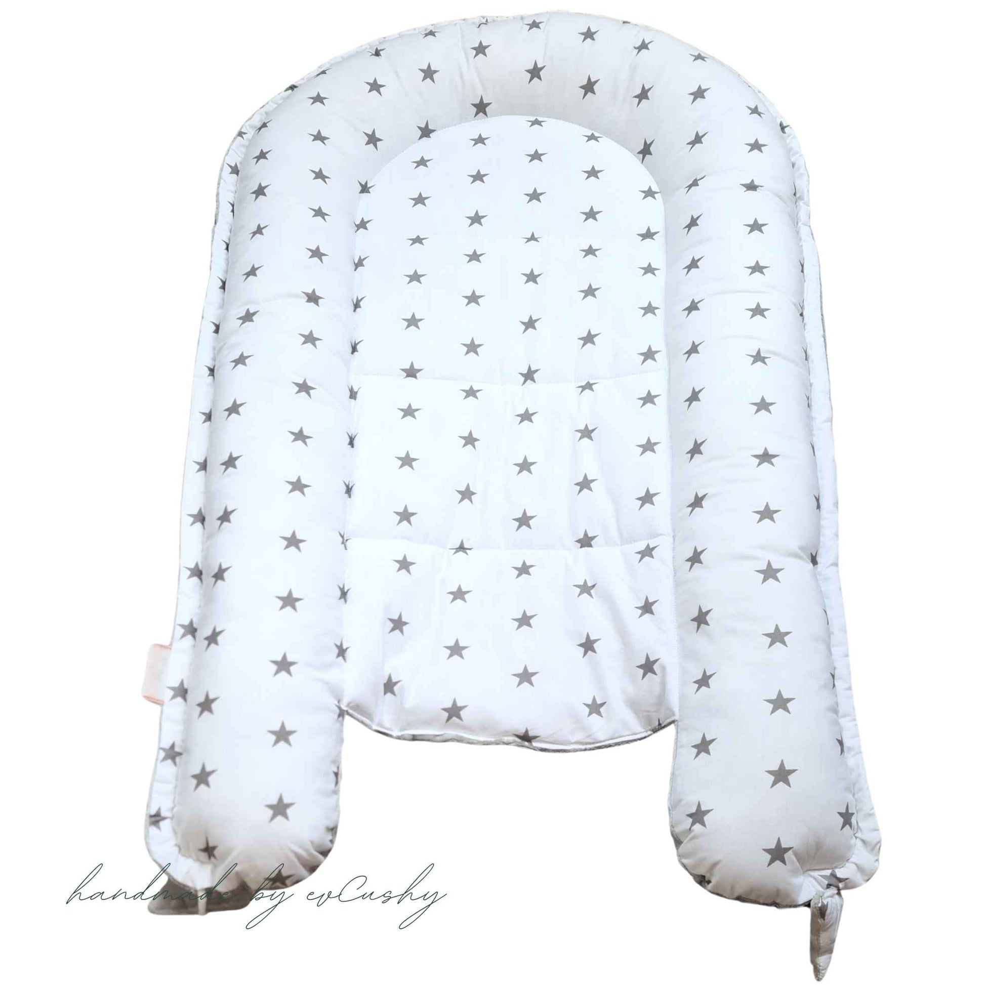 best baby nest with pillow and blanket white with grey stars and grey dimple fleece on reverse evcushy