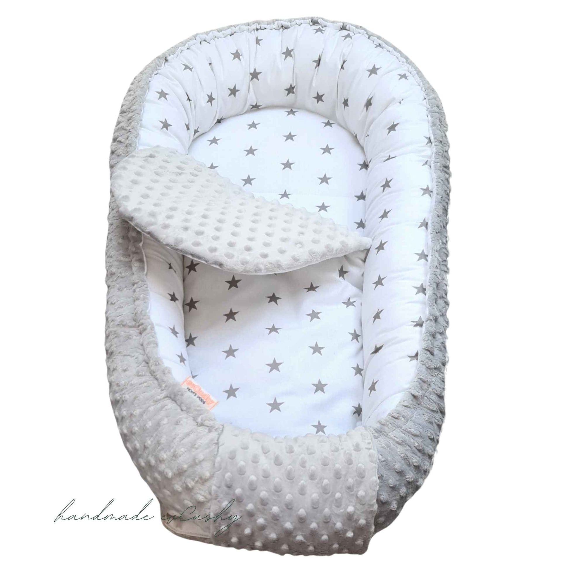 best baby nest with pillow and blanket white with grey stars and grey dimple fleece on reverse evcushy with liner