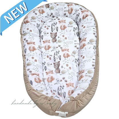 baby nest 0+ infants sleeping bed nest lounger cotton 100%  beige with forest theme