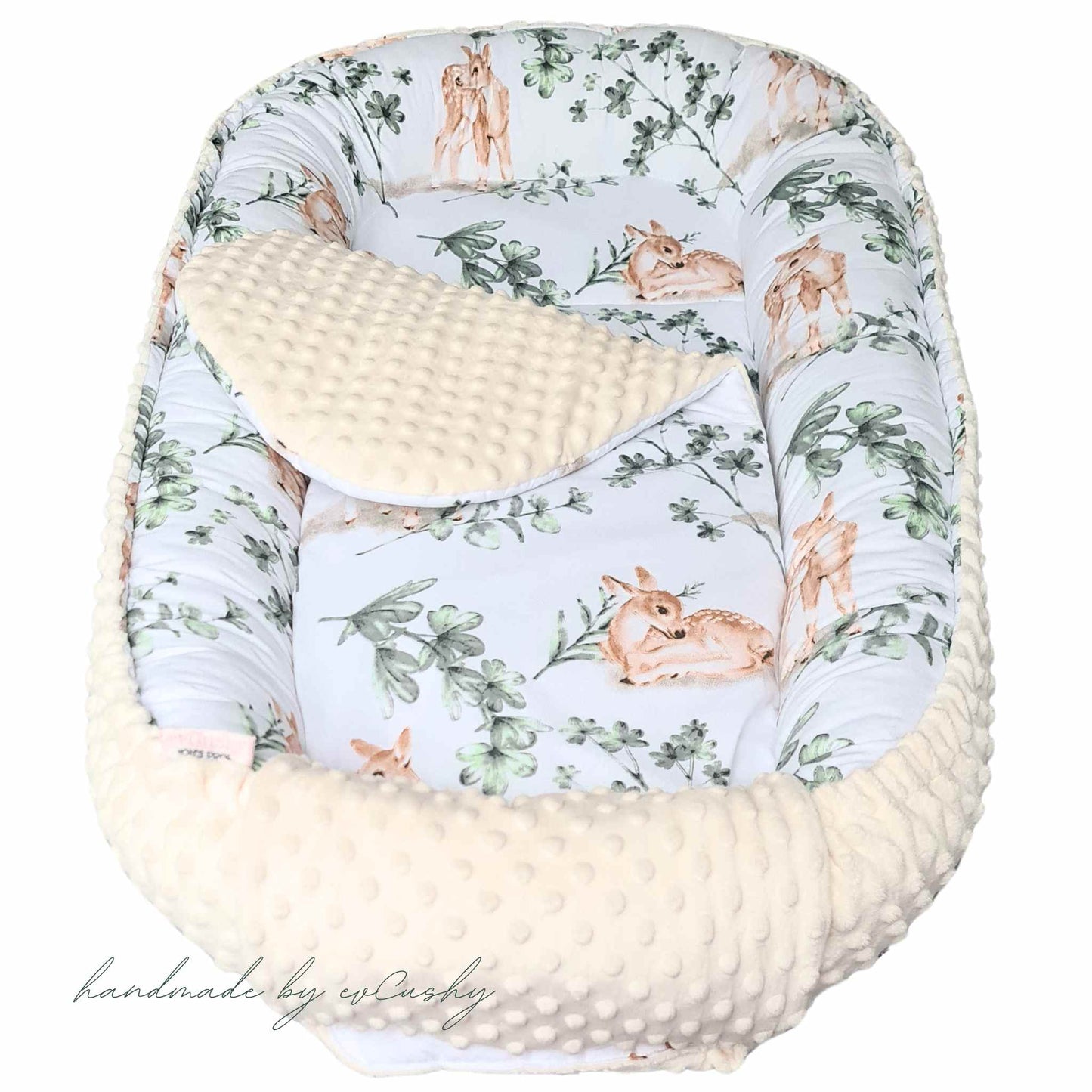 evcushy sleep pod nest in Ireland cream colour with baby deer pattern xxl size with liner