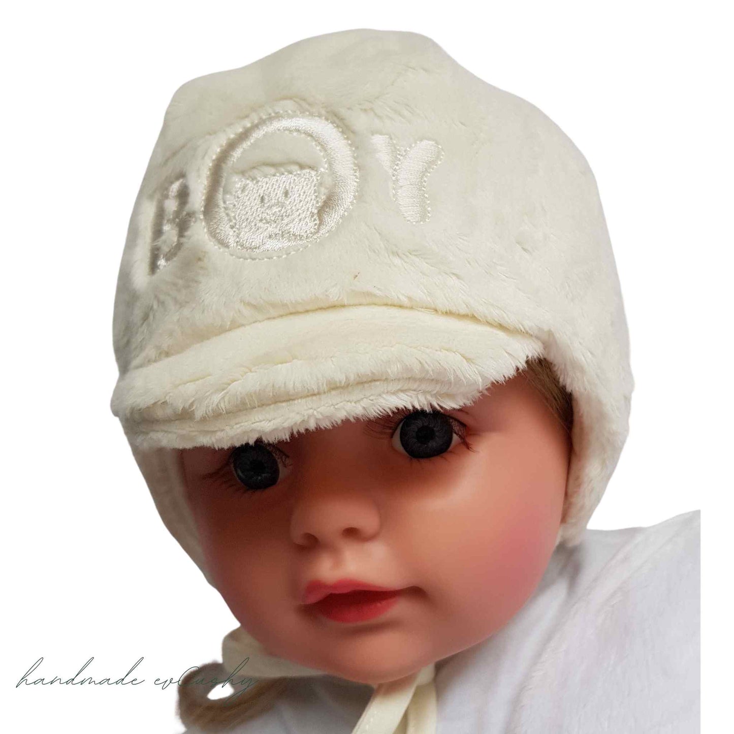 evcushy winter hat for baby boy cream fleece with beak