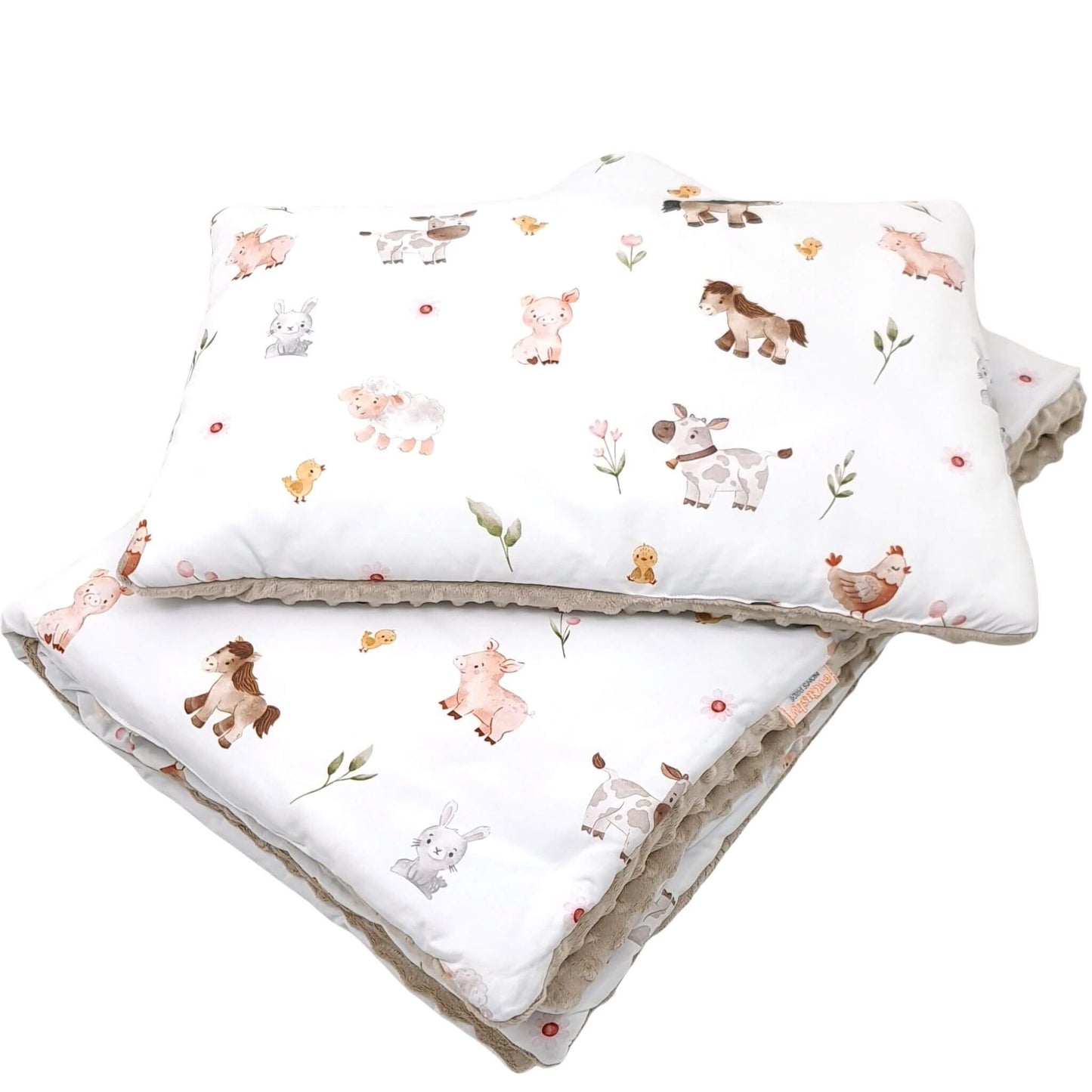 Handmade toddler bedding with ponies, pigs, and rabbits on white cotton and mocha minky fleece.